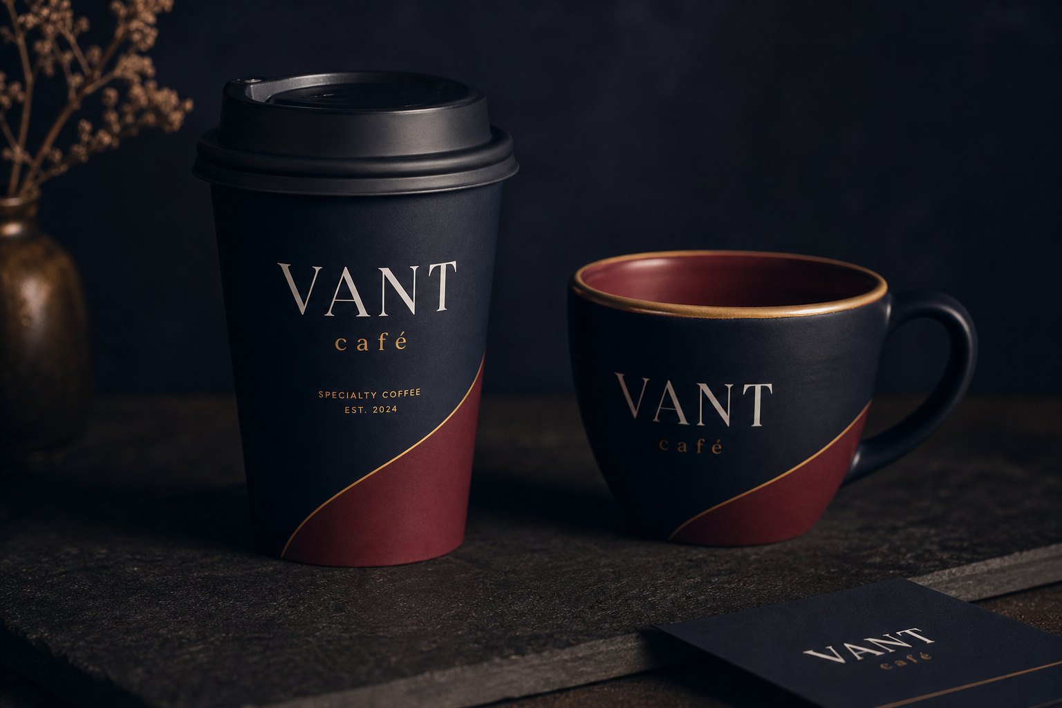 VANT navy takeaway cup and burgundy-lined ceramic mug
