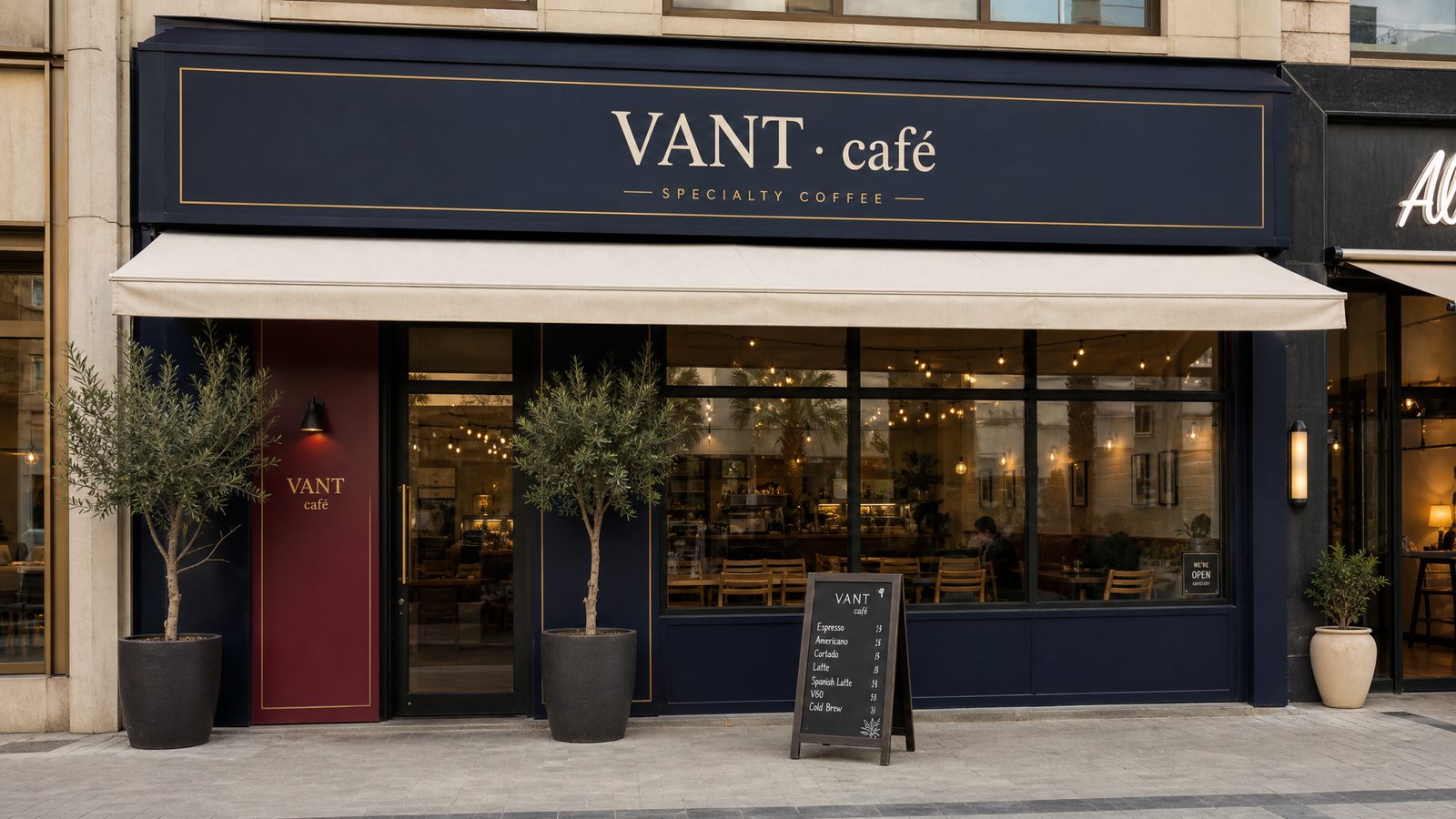 VANT storefront facade — navy with brass pinstripe