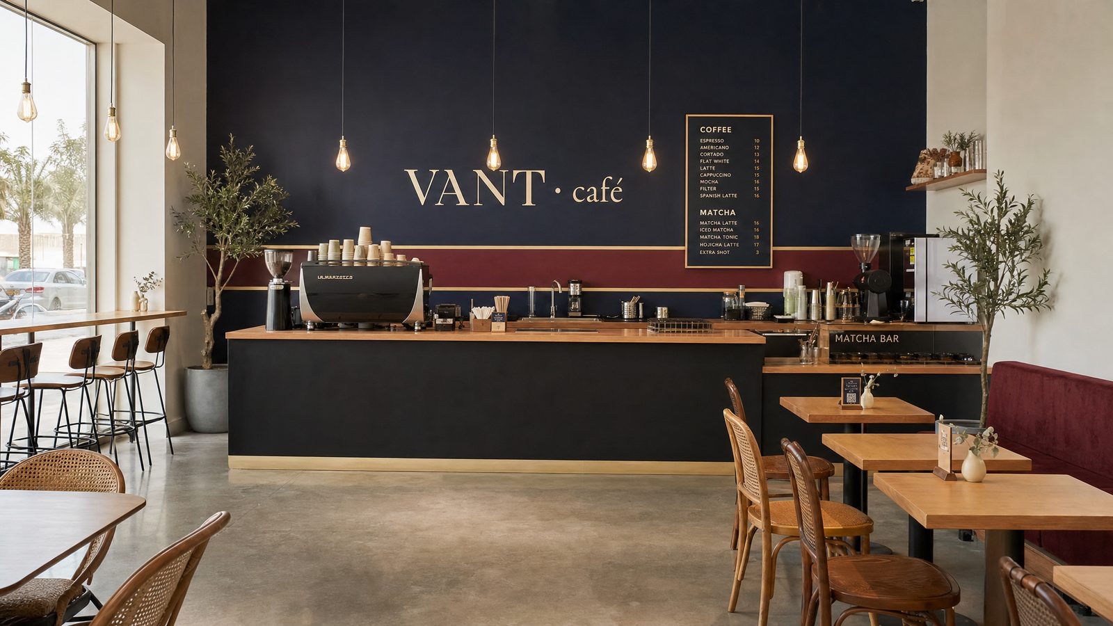 VANT café full interior — navy back bar, espresso and matcha stations, seating