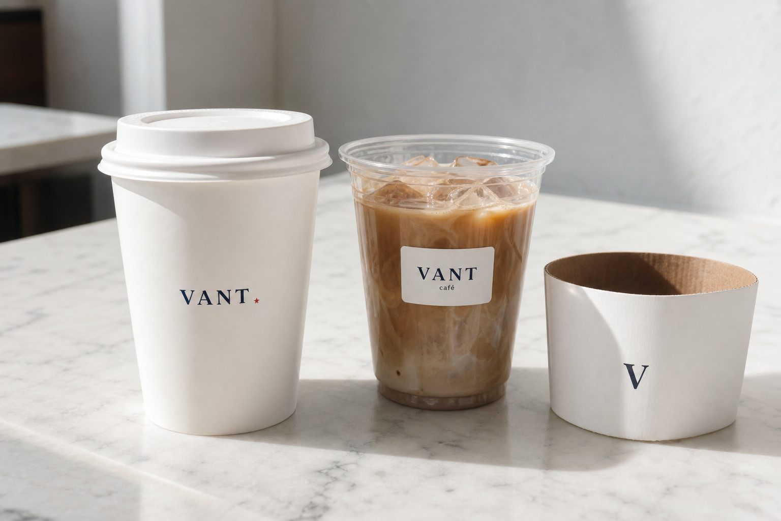 VANT minimalist cup set — white cups, navy wordmark, burgundy star