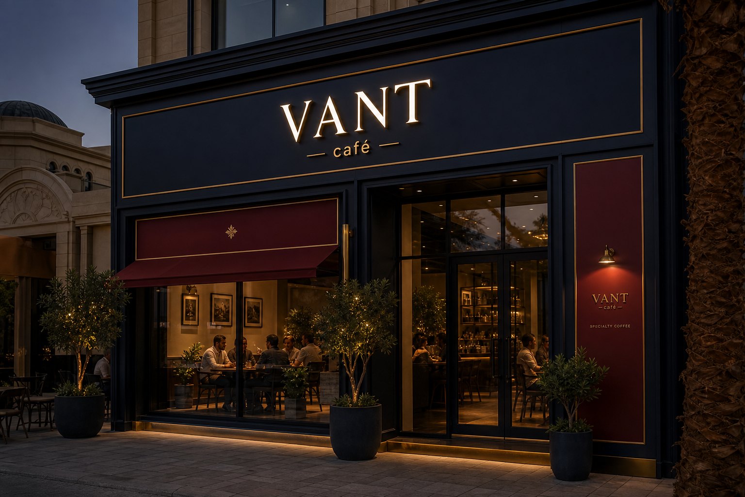 VANT café storefront at dusk, lit signage